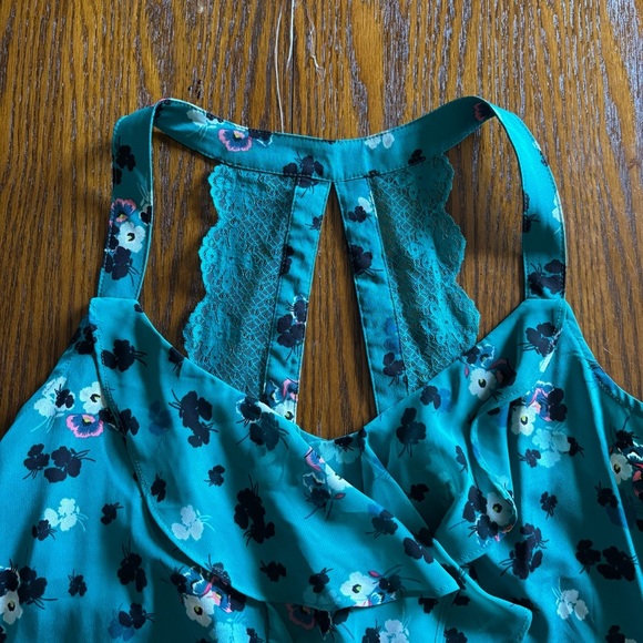 NWT LC Lauren Conrad Women's Teal Ruffle Floral Lace Tank Top Racerback Blouse S - Picture 2 of 7